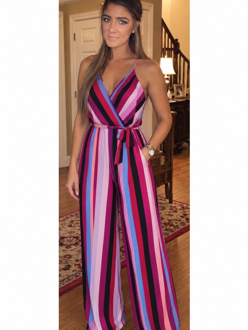 Beige by ECI Multicolor Striped Wide Leg Jumpsuit